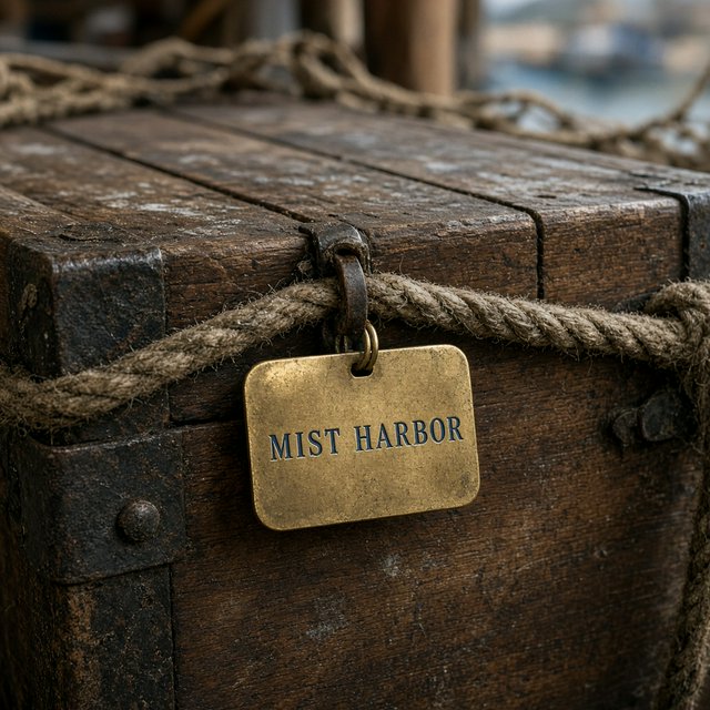 A brass luggage tag hangs from a weathered sea chest in a harbor loft, its face bearing “MIST HARBOR” in deeply stamped blue capitals; ropes and salt-crusted fittings surround it, with no other writing visible. — Grok Imagine Image 2