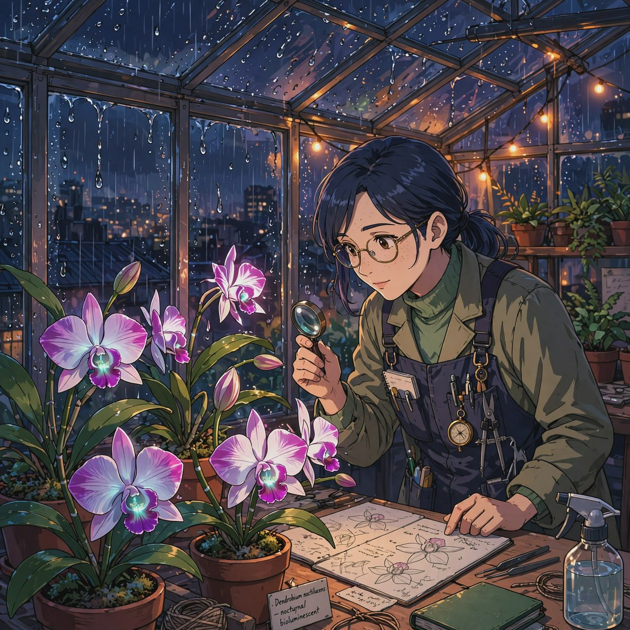 Rain beads on a rooftop greenhouse as an adult botanist studies luminous night-blooming orchids beneath glass panes; cel-shaded anime illustration in digital paint, palette of jade, magenta, indigo, and warm amber. — Muse Image 1.0