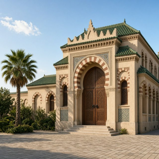 Exterior of a Moorish Revival municipal bathhouse, pale buff stucco, striped brick arches, green glazed tile roof and carved cedar doors; clear morning light, viewed across a paved courtyard, with coherent structure and crisp lines. — Grok Imagine Image 2