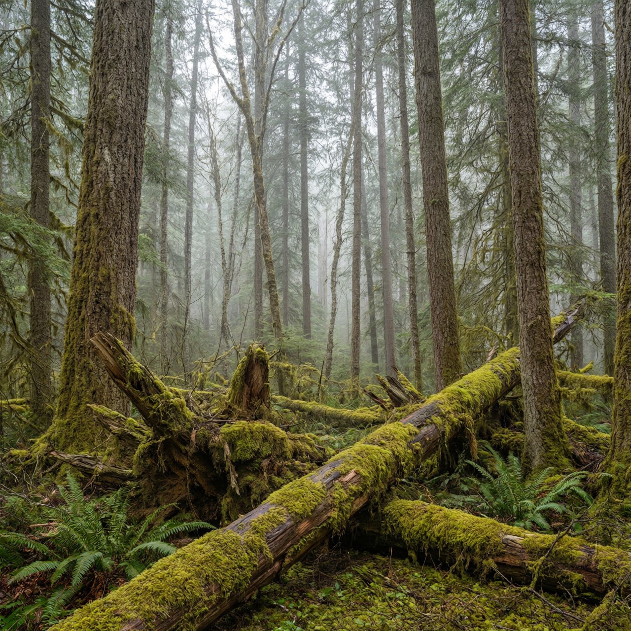 Old-growth temperate rainforest after rain, moss-covered fallen log, fog between the trunks, soft diffused light. — Qwen Image 3.0 Pro
