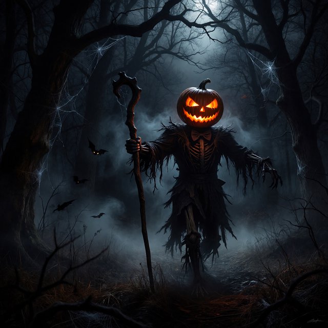 Chiaroscuro contrast, inner-lit glows, dense central detail fading into haze and velvety darkness. A pumpkin-headed scarecrow with a jack-o-lantern face, glowing eyes, stitched grin, bow tie, bark torso, and wooden staff stands in a night forest clearing with dry grass, cobwebs, bats, bare branches, — Model 7