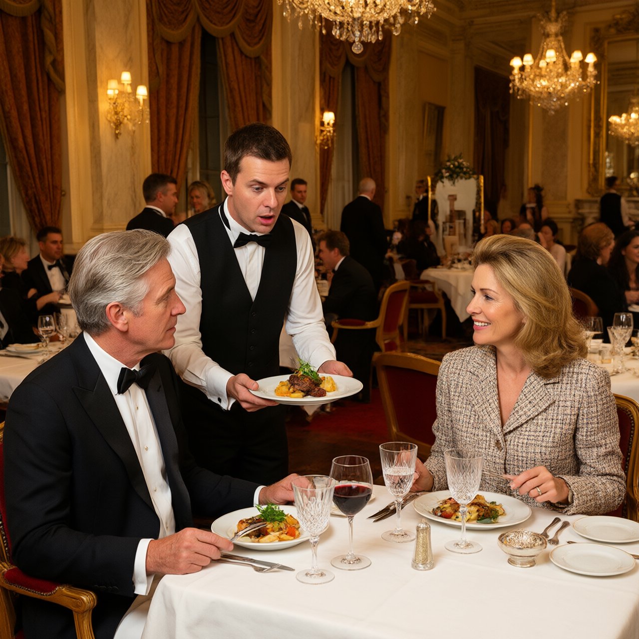 A very posh, well-lit 1990s restaurant with beautiful, tasteful decor. A husband and wife dine in a high-class restaurant. The waiter serves something very surprising as the main course! — Qwen Image 3.0