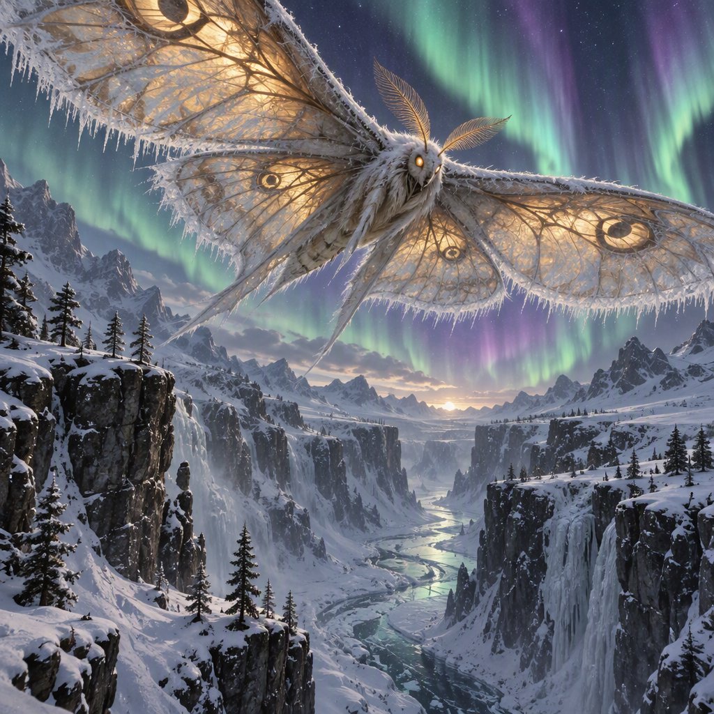 A cathedral-sized mothlike creature glides above a frozen ravine, its translucent wings veined with amber light and fringed with frost. Tiny mountain pines cling to the cliffs as aurora colors ripple across the snow. — GPT Image 2.5 Sunburst