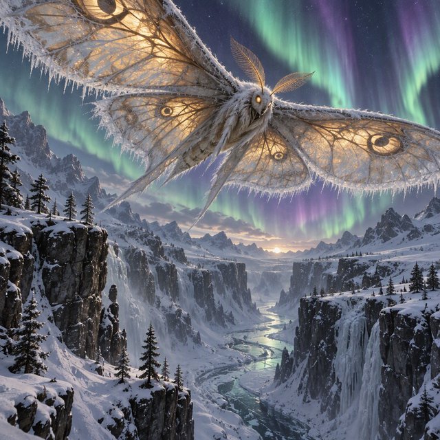A cathedral-sized mothlike creature glides above a frozen ravine, its translucent wings veined with amber light and fringed with frost. Tiny mountain pines cling to the cliffs as aurora colors ripple across the snow. — GPT Image 2.5 Sunburst