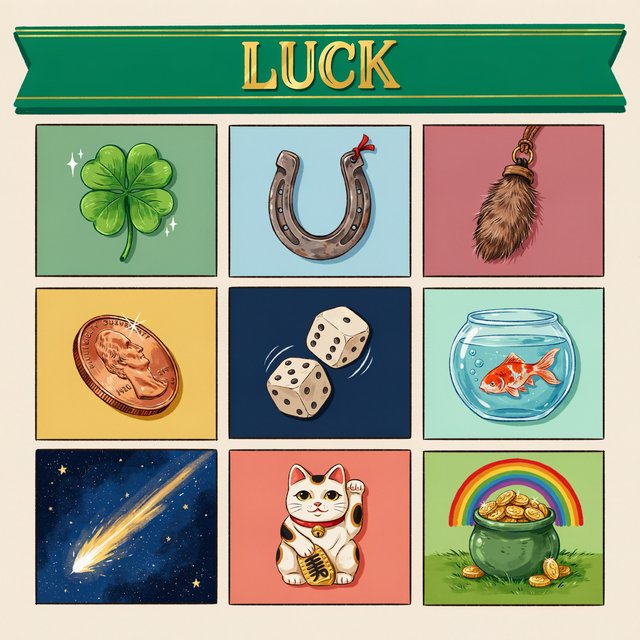 Many panels. Each panel represents an item, thing, creature, or scene that represents Luck. The word "Luck" appears at least once in the image. Be as creative as possible. — Ideogram v4.5