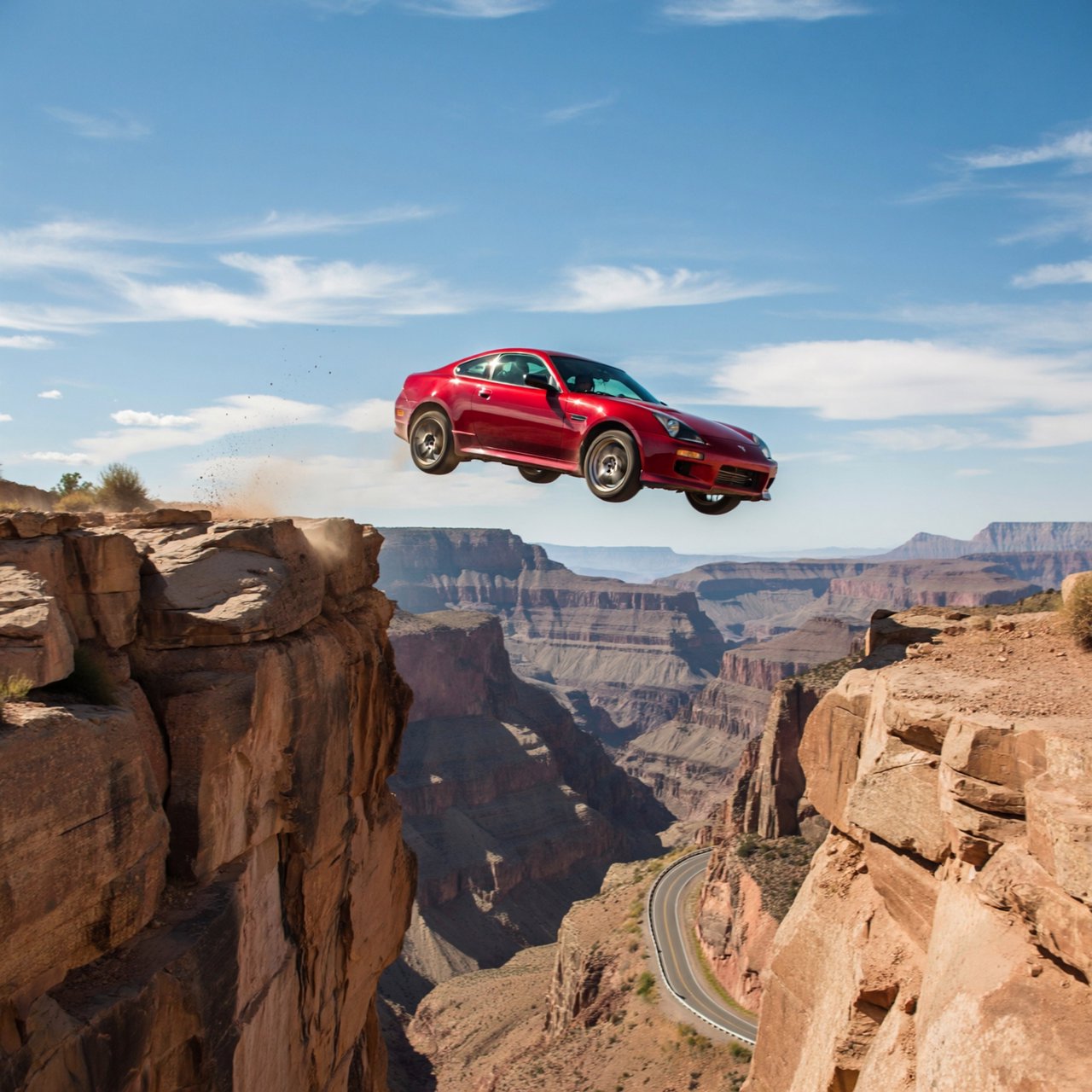 A sports car in a daredevil stunt has driven off a road from a high cliff, attempting to fly and land on the road on the next cliff. Beautiful mountainous background, sunny blue sky. Show motion, speed, and action. — ImagineArt 2