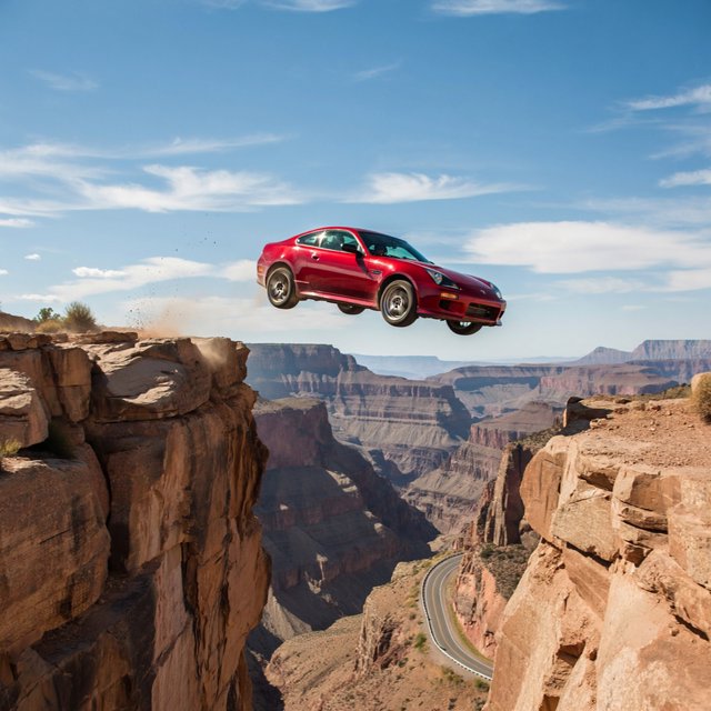A sports car in a daredevil stunt has driven off a road from a high cliff, attempting to fly and land on the road on the next cliff. Beautiful mountainous background, sunny blue sky. Show motion, speed, and action. — ImagineArt 2