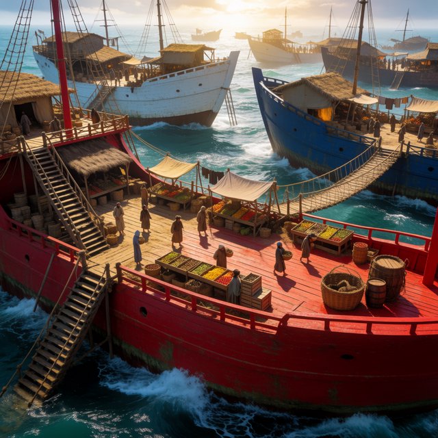 A floating market city built on the hulls of giant upturned ships, rope bridges, morning haze, wide establishing shot. — Krea 2 Medium