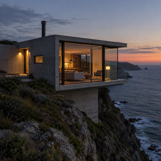 Exterior of a small concrete-and-glass house on a cliff above the sea, dusk, interior lights on, architectural photography. — GPT Image 2.5 Flare
