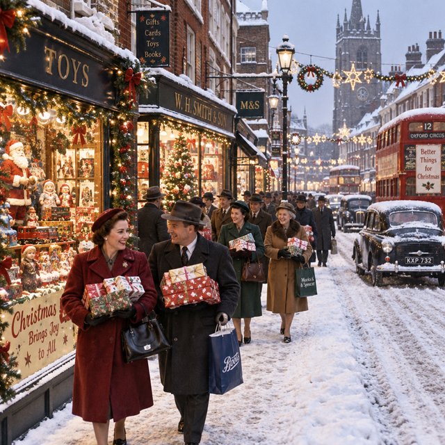 A UK High Street in the 1950s at Christmas time. The roads are covered in snow. The shop windows are decked out for Christmas and the happy adult shoppers are loaded up with gifts for loved ones. The mood is bright and Christmassy. — Model 3