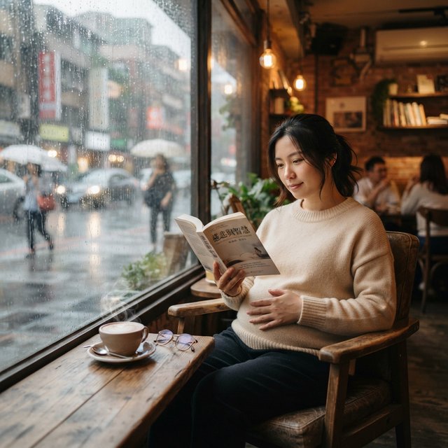 Photorealistic cinematic scene of a pregnant Chinese woman sitting in a cozy café by the window, reading a book. She appears calm, gentle, and thoughtful, with one hand resting naturally near her belly. On the table beside her is a cup of coffee, softly steaming. Outside the large window, heavy rain pours down, with streaks of water on the glass and a blurred rainy street beyond. The café interior is warm and inviting, with soft ambient lighting, wooden textures, and a peaceful atmosphere that contrasts with the storm outside. The composition should feel intimate, emotional, and serene, with the woman as the clear focal point. — Nano Banana 2 Lite