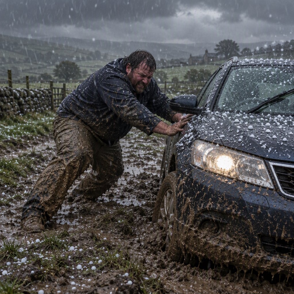 A man is pushing his car, which is stuck in the mud, amid heavy rain in the countryside. The sky is gloomy, and some hail is also falling on the car and the ground. The big man has mud all over his trousers. Show him struggling. — GPT Image 2.5 Flare