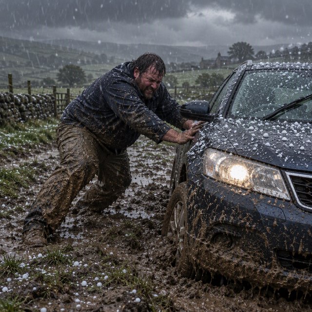A man is pushing his car, which is stuck in the mud, amid heavy rain in the countryside. The sky is gloomy, and some hail is also falling on the car and the ground. The big man has mud all over his trousers. Show him struggling. — GPT Image 2.5 Flare