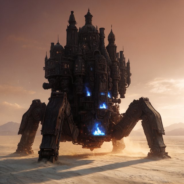 A colossal walking citadel crosses a salt desert, its ironwood legs striding through windblown dunes beneath a copper storm. Blue furnace light leaks from carved windows, casting a long shadow toward distant mountains. — Krea 2 Large