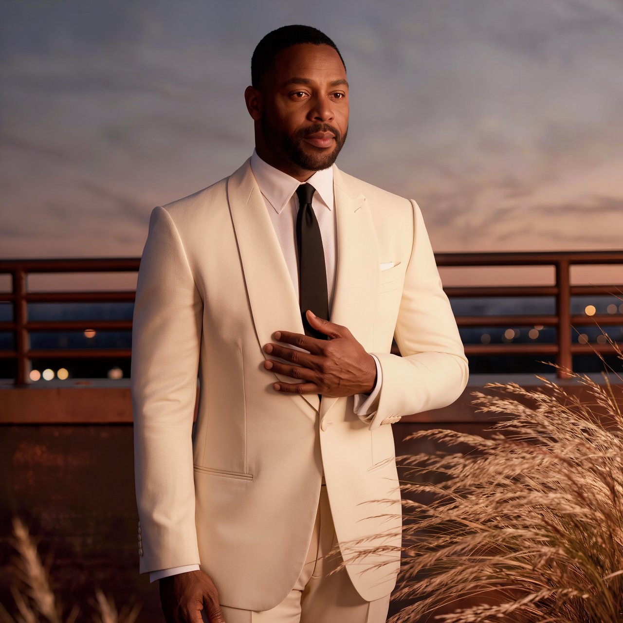 Under the copper glow of a rooftop terrace, an adult Black man in a tailored cream dinner suit is caught smoothing his lapel as evening breeze stirs nearby grasses; calm poise, sculpted shadows and refined fashion-magazine polish. — Kling v3
