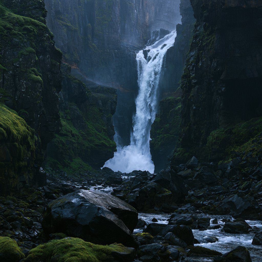 After a passing squall, a waterfall drops through a narrow basalt gorge at dusk, its white plume breaking against dark ledges; rain-beaded moss and sharp foreground stones lead toward cliffs fading behind drifting spray. — Midjourney V8.2