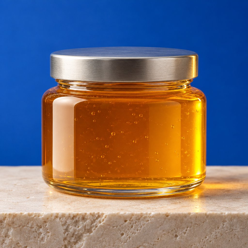 A squat unbranded honey jar with clear glass walls and a plain brushed-aluminum lid rests on honed pale limestone; broad diffused key light and warm rim light shape the commercial product image against a seamless cobalt-blue background, with no lettering. — GPT Image 2.5 Sunburst