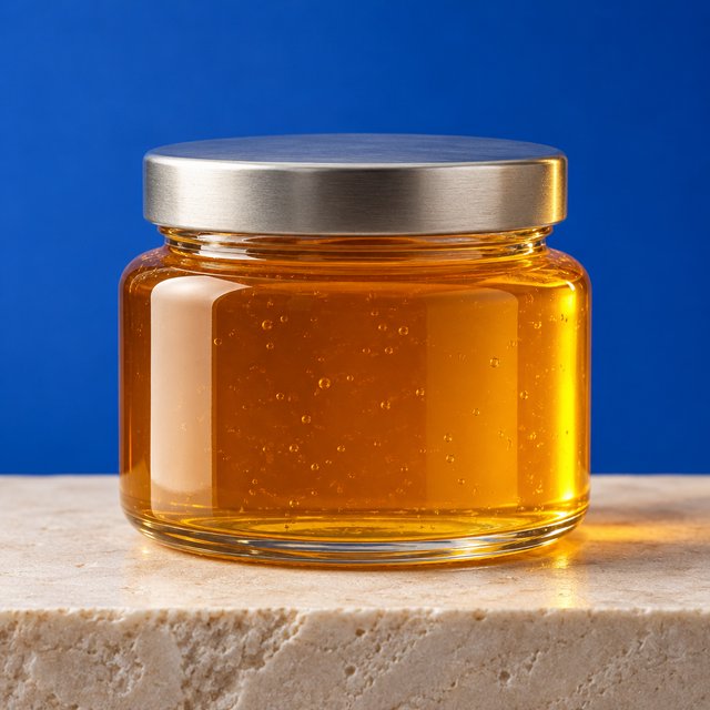 A squat unbranded honey jar with clear glass walls and a plain brushed-aluminum lid rests on honed pale limestone; broad diffused key light and warm rim light shape the commercial product image against a seamless cobalt-blue background, with no lettering. — Model 4