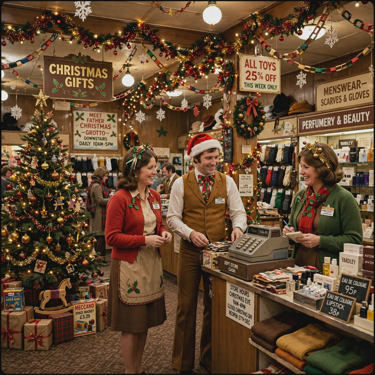 A UK department store in the 1970s at Christmas time. The lighting and decor will be very festive, with staff members dressed in festive outfits. — Muse Image 1.0
