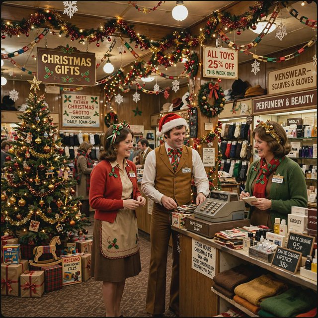 A UK department store in the 1970s at Christmas time. The lighting and decor will be very festive, with staff members dressed in festive outfits. — Muse Image 1.0
