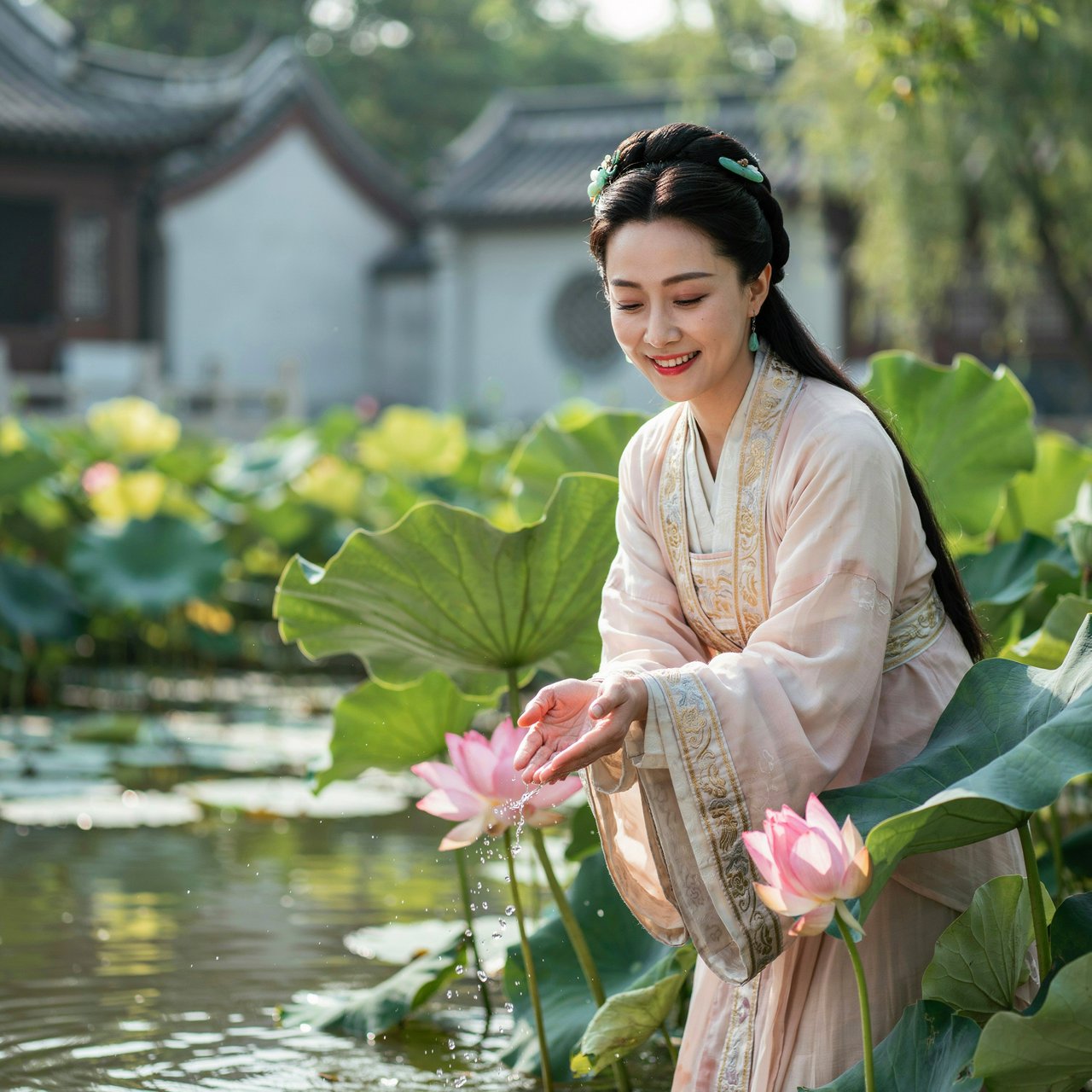Cinematic shot, a breathtakingly stunning adult Chinese woman from ancient times playing joyfully by a crystal-clear lotus pond, mid-summer afternoon. She is wearing an exquisite, flowing silk Hanfu dress in pastel pink and white with intricate gold embroidery. Her face is porcelain-smooth, with delicate makeup, long black hair elegantly styled with jade hairpins, and a radiant, charming smile. Water droplets frozen in mid-air, sunlight filtering through lush green lotus leaves, creating dappled light on her skin. Shallow depth of field, bokeh background of traditional Chinese architecture, hyper-realistic, soft natural lighting, serene yet playful atmosphere. — Ideogram v4.5