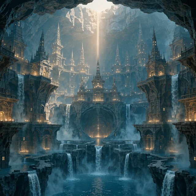 An ancient city carved inside a hollow mountain glows with windowlight, its terraced bridges spanning a blue-lit cavern while mineral mist rises around distant waterfalls and a narrow beam of sunrise reaches the deepest plaza. — Recraft v4