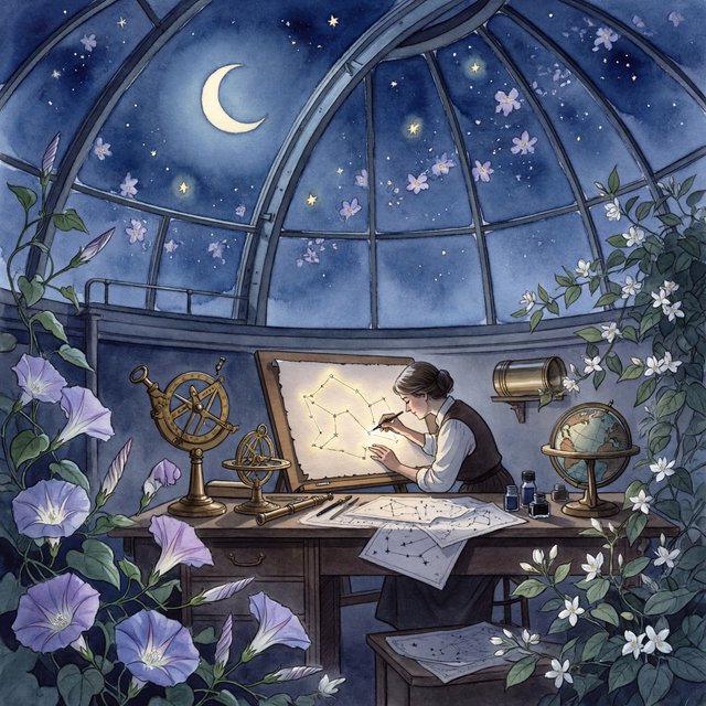 Ink-and-watercolour illustration of an adult astronomer mapping constellations from a glass-domed observatory, surrounded by brass instruments and flowering night plants. Indigo, lavender, and pale gold palette, delicate linework, serene atmospheric detail. — ImagineArt 2