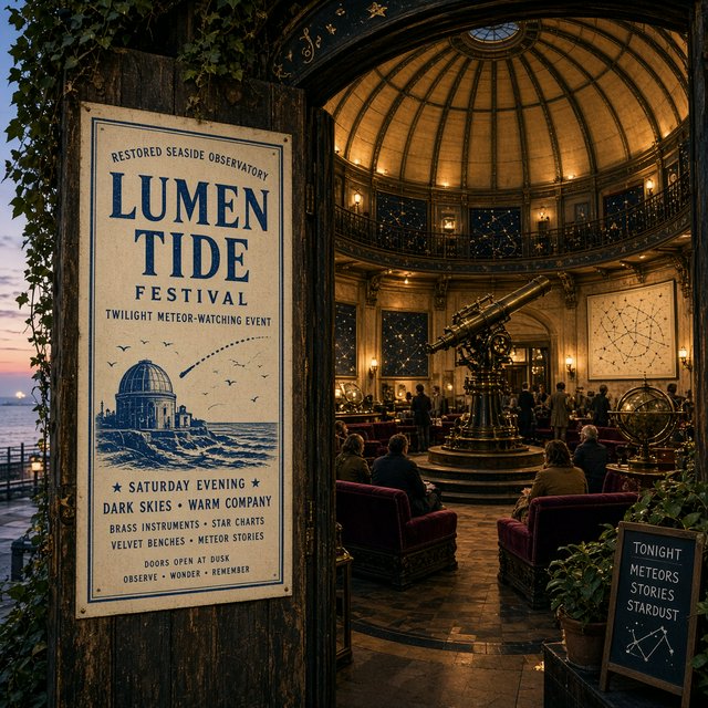 At a restored seaside observatory, a twilight meteor-watching event fills the domed hall with brass instruments, star charts, and velvet benches; "LUMEN TIDE FESTIVAL" is hand-printed in deep blue ink across a cream paper announcement beside the entrance. — Grok Imagine Image 2