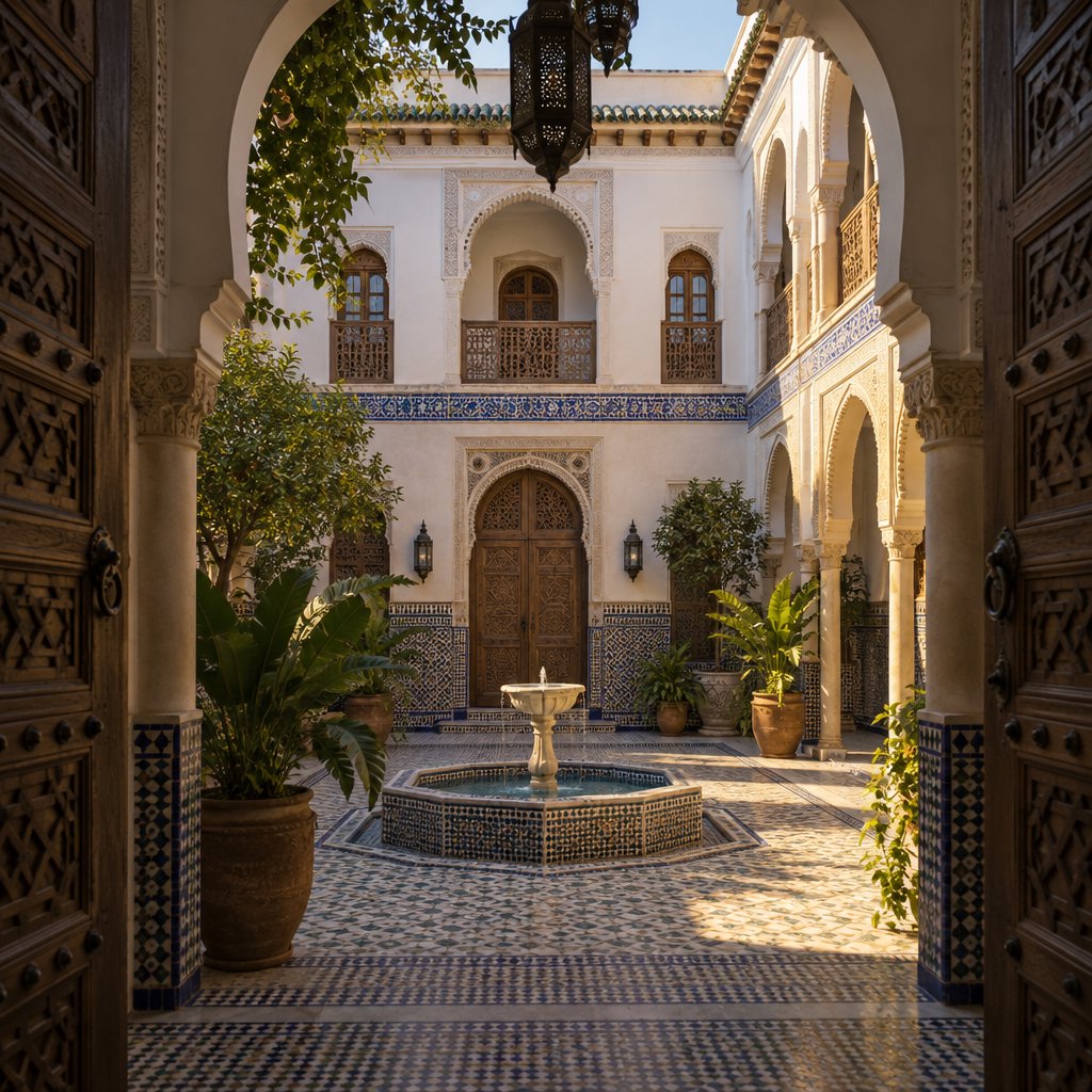 From a shaded courtyard entrance, Moorish Revival residences enclose a tiled fountain court, with cream stucco, carved cedar doors, and blue ceramic bands; late sunlight filters through arcades, revealing aligned walls and credible supports. — GPT Image 2.5 Sunburst