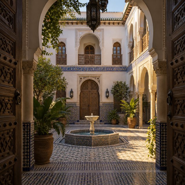 From a shaded courtyard entrance, Moorish Revival residences enclose a tiled fountain court, with cream stucco, carved cedar doors, and blue ceramic bands; late sunlight filters through arcades, revealing aligned walls and credible supports. — GPT Image 2.5 Sunburst