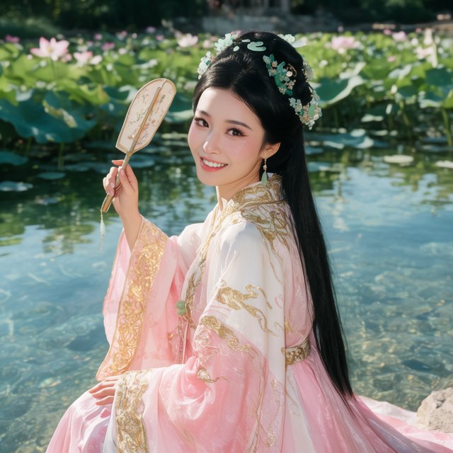 Cinematic shot, a breathtakingly stunning adult Chinese woman from ancient times playing joyfully by a crystal-clear lotus pond, mid-summer afternoon. She is wearing an exquisite, flowing silk Hanfu dress in pastel pink and white with intricate gold embroidery. Her face is porcelain-smooth, with delicate makeup, long black hair elegantly styled with jade hairpins, and a radiant, charming smile. Water droplets frozen in mid-air, sunlight filtering through lush green lotus leaves, creating dappled light on her skin. Shallow depth of field, bokeh background of traditional Chinese architecture, hyper-realistic, soft natural lighting, serene yet playful atmosphere. — Krea 2 Large