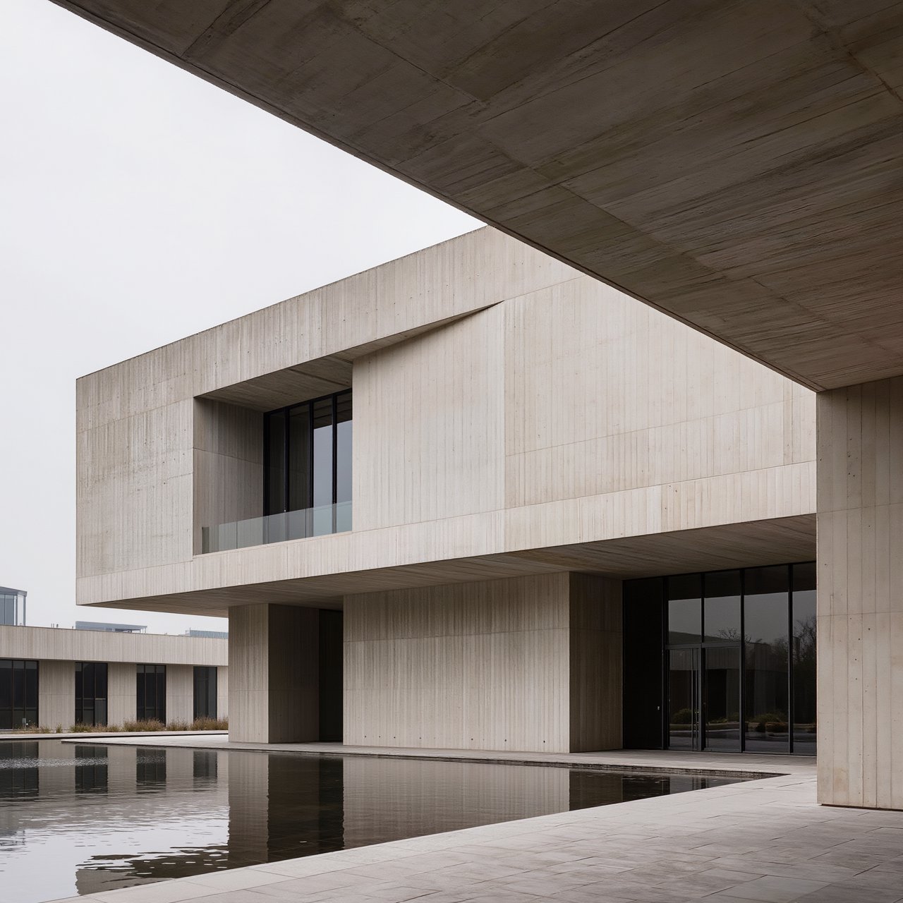 Exterior of a compact brutalist art museum, pale board-formed concrete, deep rectangular window recesses, a broad cantilevered entrance canopy, low reflecting pool, overcast afternoon light, viewed from a quiet plaza at eye level, crisp orthogonal architectural photography. — Kling v3