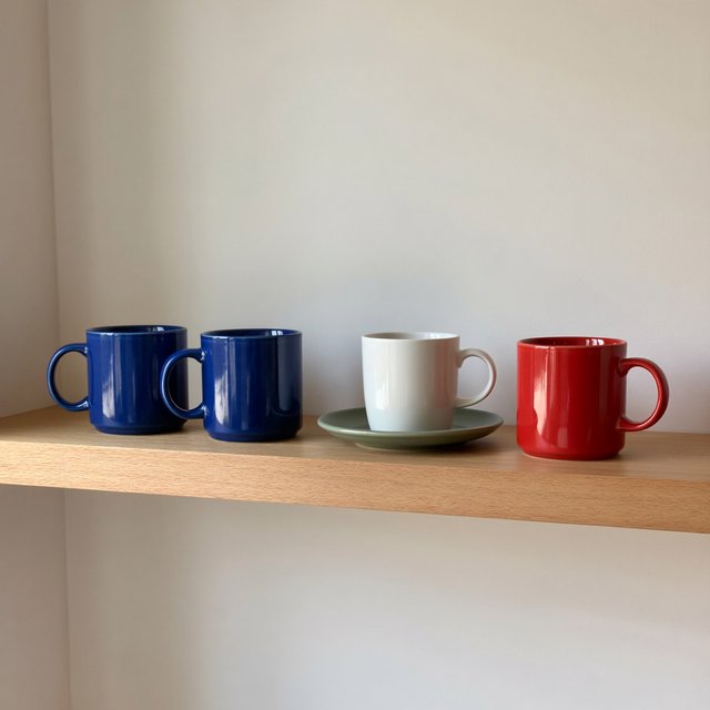 Exactly four ceramic mugs sit on a pale wooden shelf: two blue mugs on the left, one white mug in the center, and one red mug on the right. A green saucer is beneath the center mug, nothing else. — ImagineArt 2