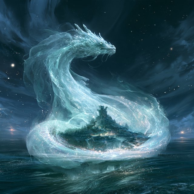 Whispers of mythic power coalesce into a spectral dragon, its form translucent and shimmering with auroral light, coiled around a floating island within a boundless celestial sea. Star-filled oceans stretch to the horizon, dotted with shimmering celestial bodies. The art style blends ethereal fantasy illustration with a subtle nod to ancient mythology, focusing on flowing lines and soft, glowing colors. The atmosphere is one of profound mystery and ancient magic. — Midjourney V8.2