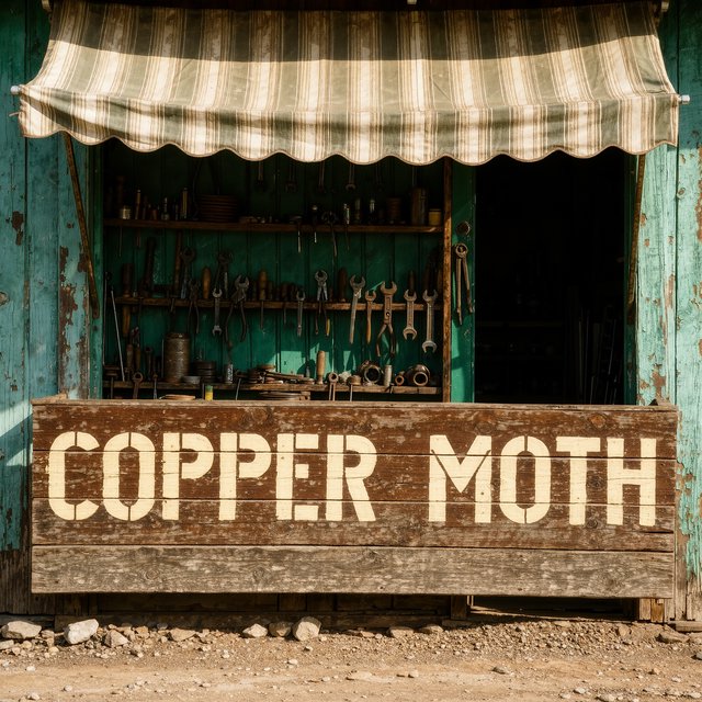 An old roadside bicycle workshop beneath a faded striped awning, rusted tools displayed in the window, with "COPPER MOTH" painted in cream block letters across the weathered wooden fascia, afternoon sunlight catching peeling turquoise paint. — Kling v3 Omni