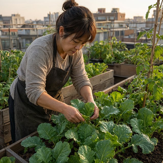 Candid documentary photograph of an adult tending a rooftop vegetable garden in the late afternoon, soft side light, 50mm lens with moderate depth of field, water droplets glinting on freshly watered leaves. — Qwen Image 3.0 Pro