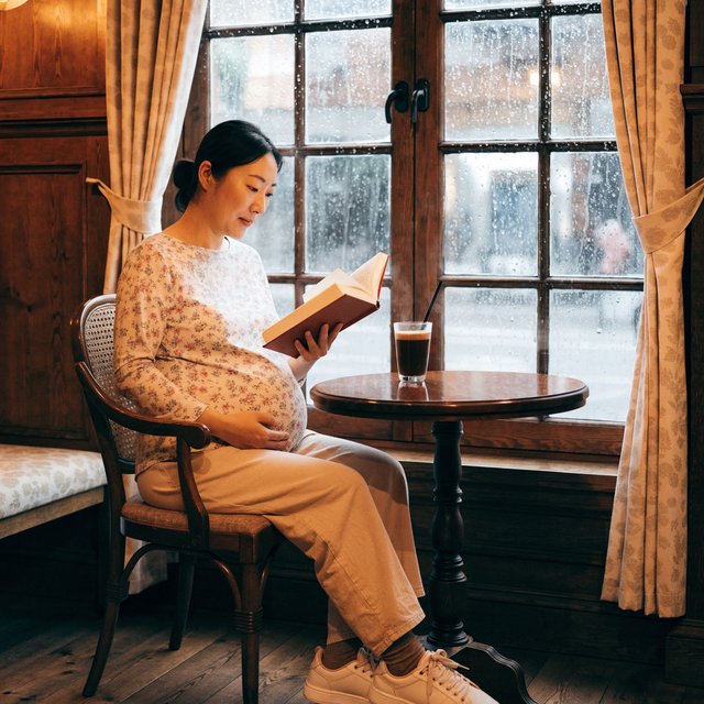 Photorealistic cinematic scene of a pregnant Chinese woman sitting in a cozy café by the window, reading a book. She appears calm, gentle, and thoughtful, with one hand resting naturally near her belly. On the table beside her is a cup of coffee, softly steaming. Outside the large window, heavy rain pours down, with streaks of water on the glass and a blurred rainy street beyond. The café interior is warm and inviting, with soft ambient lighting, wooden textures, and a peaceful atmosphere that contrasts with the storm outside. The composition should feel intimate, emotional, and serene, with the woman as the clear focal point. — Recraft v4 Pro