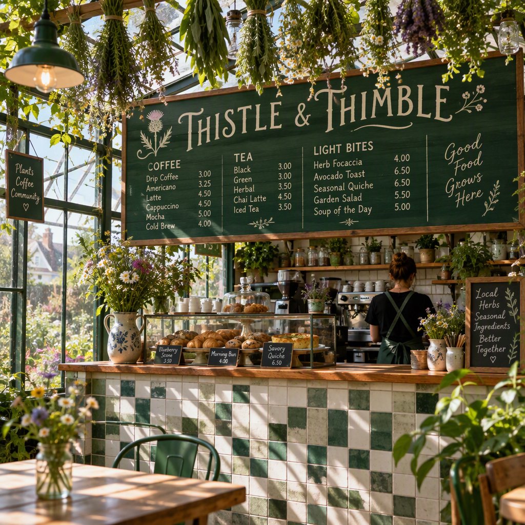 At a neighborhood greenhouse café, sunlight filters through hanging herbs above a tiled counter; "THISTLE & THIMBLE" is painted in hand-lettered cream script across a deep green wooden menu board. — GPT Image 2.5 Flare