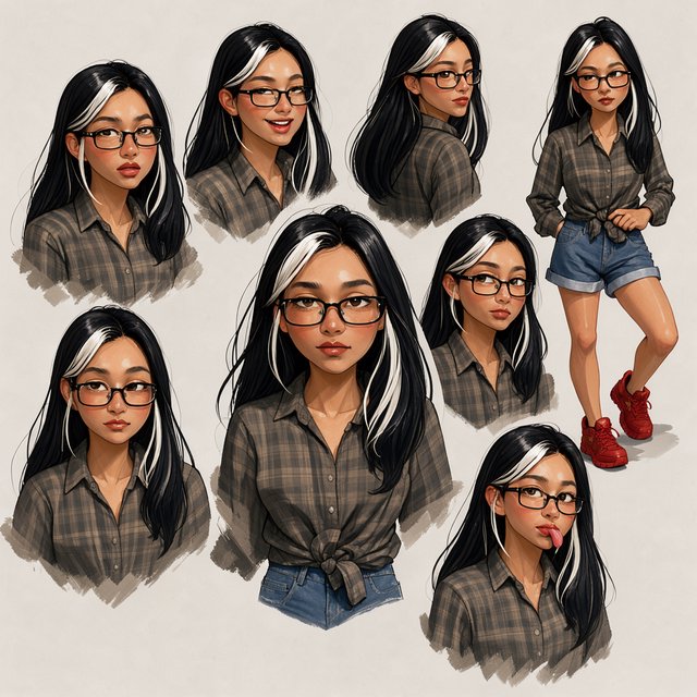 Character exploration sheet of the same woman: several bust and waist-up studies with varied expressions and 3/4 views, including one from behind, glancing over her shoulder at the viewer; one larger central portrait; and one full-length figure at the side, spanning the image height. Plain light-gray background with irregular painted edges. Character: 25-year-old Korean woman with long straight black hair and two platinum face-framing streaks from roots to ends, glasses, tipped almond eyes, Asian skin tone, plaid button-up tied at the waist, cuffed denim shorts, chunky red sneakers. Style: stylized semi-realistic digital painting; animation-inspired proportions, large eyes, strong brows, simplified but solid anatomy, painterly shape-based rendering, minimal linework, soft facial shading, angular clothing brushwork, warm luminous skin with peach/terracotta undertones and rosy cheeks/nose, sculpted hair, muted charcoal/earth palette, soft studio light, loose unfinished edges. — Model 2