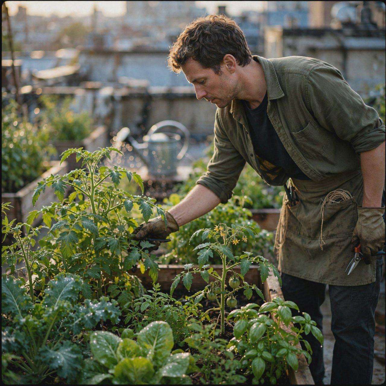 Candid documentary photograph of an adult tending a rooftop vegetable garden in the late afternoon, soft side light, 50mm lens with moderate depth of field, water droplets glinting on freshly watered leaves. — Muse Image 1.0
