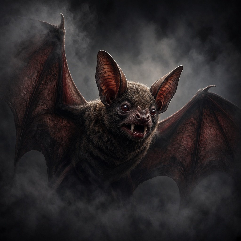 Vampire bat art, volumetric fog, chiaroscuro lighting, subsurface scattering. — Grok Imagine Image 2