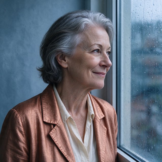 By a rain-streaked studio window, an adult woman in her early 60s turns in profile for a portrait photograph, wearing a copper-colored linen jacket over a cream cotton blouse. Her quietly amused expression rests against a muted blue-gray wall, shaped by cool, soft window light. — Seedream 5.0 Flash