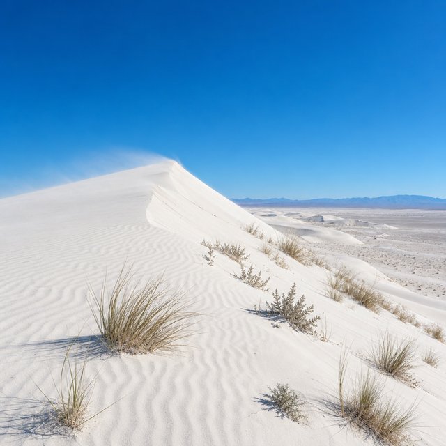 A pale gypsum dune field beneath a wind-brushed, cloudless midday sky, fine sand streaming over steep ridges; delicate ripple patterns and scattered salt-tolerant grasses sharpen the foreground as dunes soften toward a distant basin. — GPT Image 2