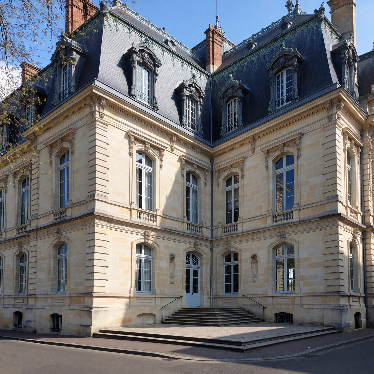 Exterior of a French Second Empire town hall with pale limestone, a dark mansard roof, copper cresting, and tall arched windows; clear spring light falls across the entrance terrace, viewed from the quiet street corner, precise lines and believable construction. — ImagineArt 1.5 Pro