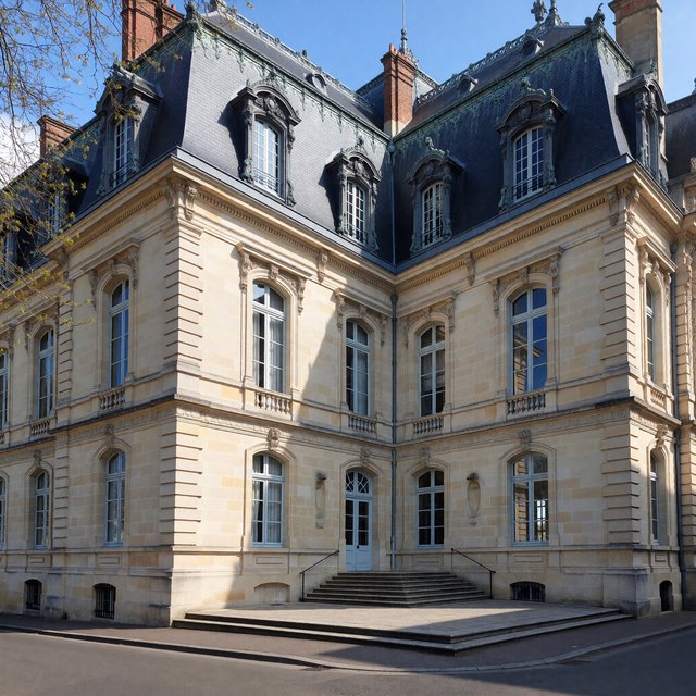 Exterior of a French Second Empire town hall with pale limestone, a dark mansard roof, copper cresting, and tall arched windows; clear spring light falls across the entrance terrace, viewed from the quiet street corner, precise lines and believable construction. — ImagineArt 1.5 Pro