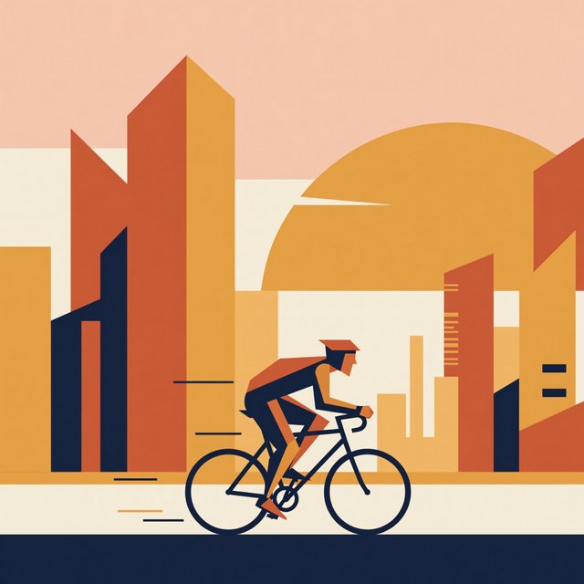 Flat vector illustration of a cyclist commuting through a city at sunrise, limited palette of five colours, geometric shapes. — ImagineArt 2