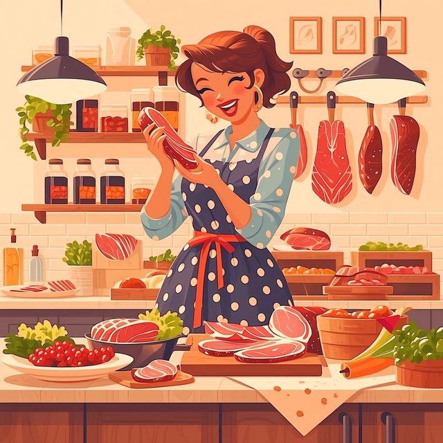 Happy glamorous woman examining meat in a butcher shop. — Midjourney Niji 7