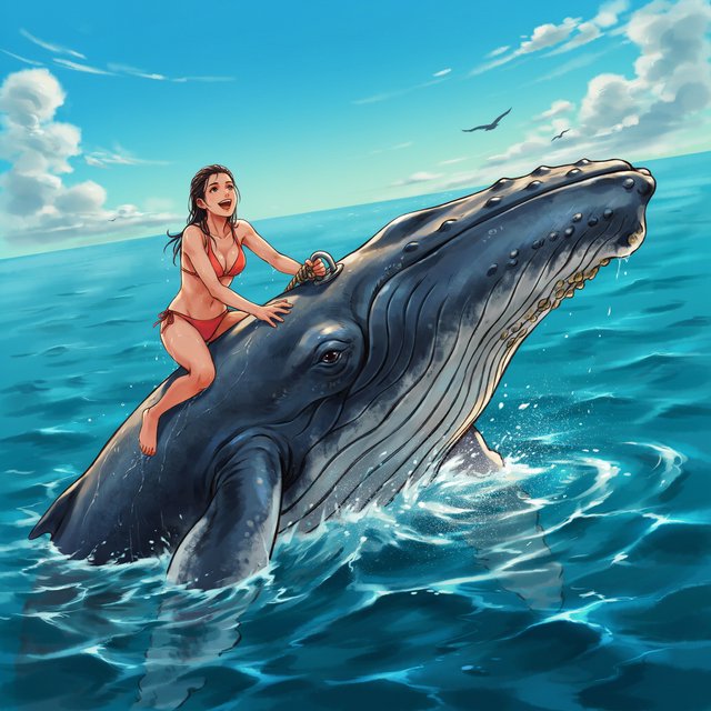 Anime-style illustration of an adult young woman confidently balancing on the broad back of a massive humpback whale as it swims across the open ocean. She wears a stylish two-piece bikini appropriate for a sunny tropical setting, with wet hair and subtle water droplets catching the light. One hand grips a sturdy tether secured near the whale's dorsal area, using it to maintain her balance as the whale moves through the waves, while her other arm extends naturally for stability. The whale is enormous and majestic, its dark blue-gray skin covered in realistic texture, scars, and subtle highlights. Its powerful body breaks partially above the rolling ocean surface, creating a sweeping trail of white foam and spray behind it. The woman looks exhilarated and joyful, her expression conveying adventure and freedom rather than fear. Vast open sea stretches toward the horizon beneath a brilliant blue sky with scattered white clouds. Sunlight sparkles across the water — Ideogram v4
