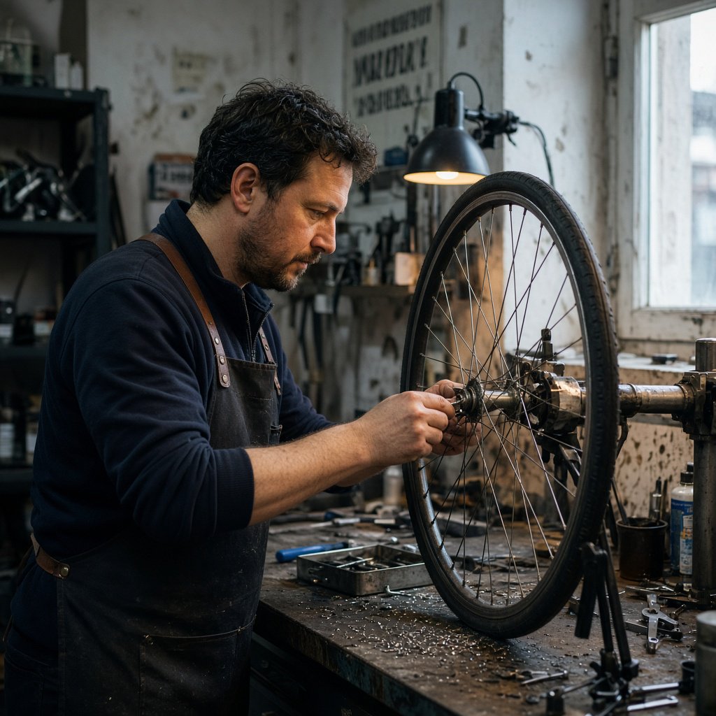 Candid documentary photograph of an adult bicycle mechanic tightening a wheel in a modest repair shop, cool window light mixing with a warm work lamp, 35mm lens with moderate depth of field, fine metal filings caught on the workbench. — Grok Imagine Image 2