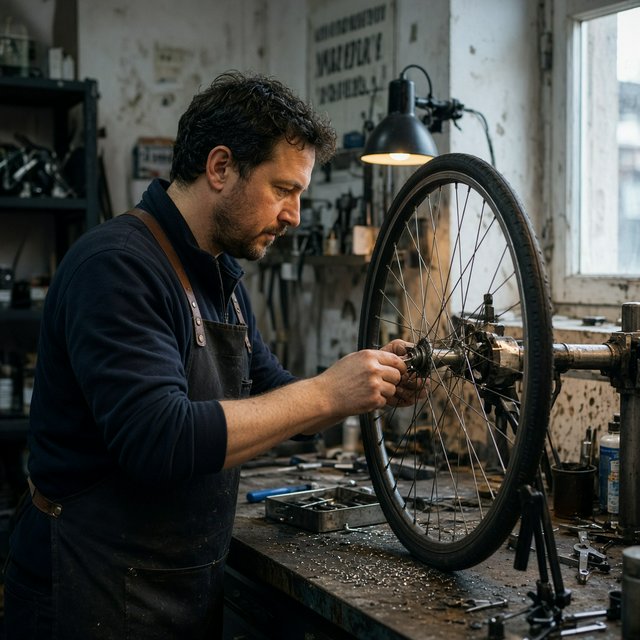 Candid documentary photograph of an adult bicycle mechanic tightening a wheel in a modest repair shop, cool window light mixing with a warm work lamp, 35mm lens with moderate depth of field, fine metal filings caught on the workbench. — Grok Imagine Image 2